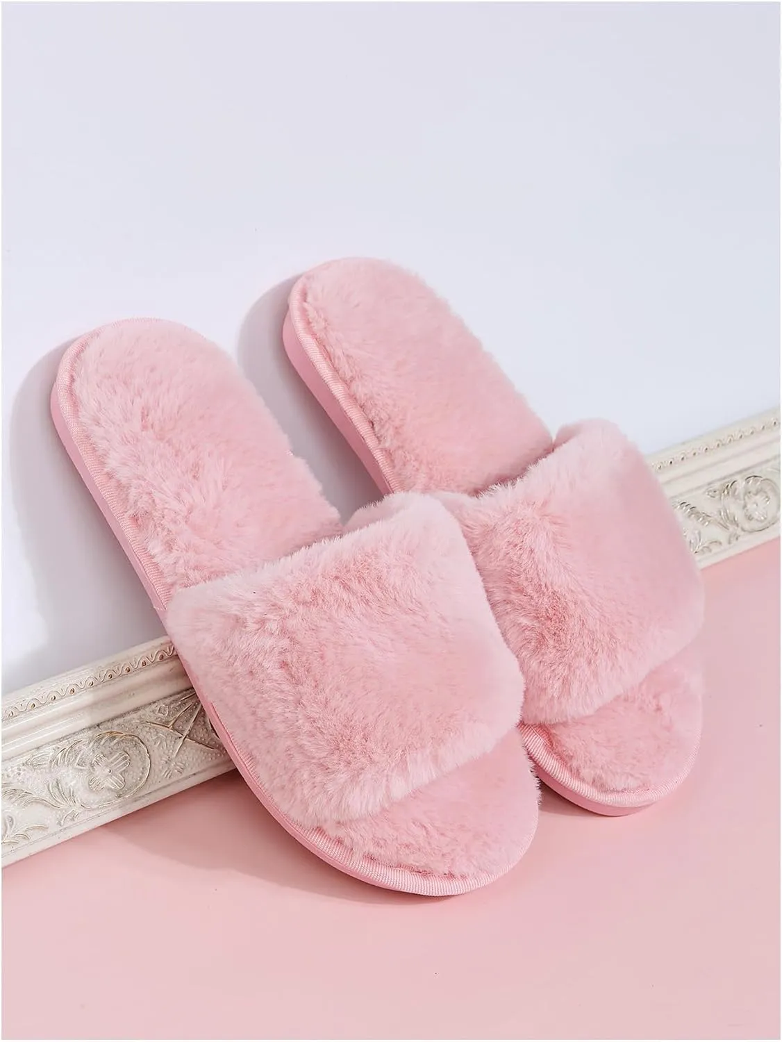 OYOANGLE Women's Furry Fur Slippers Open Toe Comfy Home Slides Fuzzy Indoor Outdoor Bedroom Warm Slippers