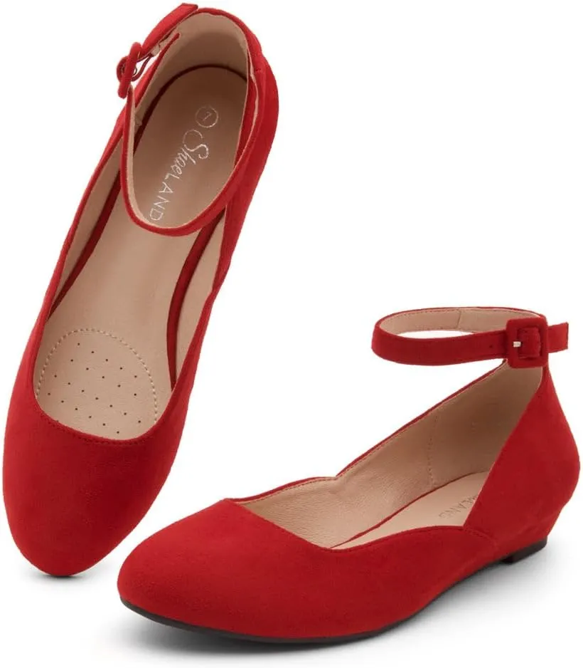 Shoe Land Womens Flats  Dressy & Comfortable Slip-On Shoes with Low Wedge & Ankle Strap | Round Toe Ballet Flats for Work, Office, Party & Business Casual