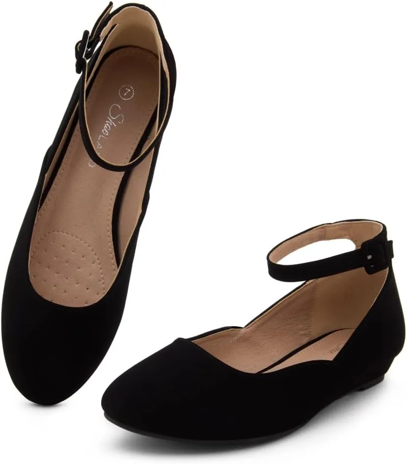 Shoe Land Womens Flats  Dressy & Comfortable Slip-On Shoes with Low Wedge & Ankle Strap | Round Toe Ballet Flats for Work, Office, Party & Business Casual