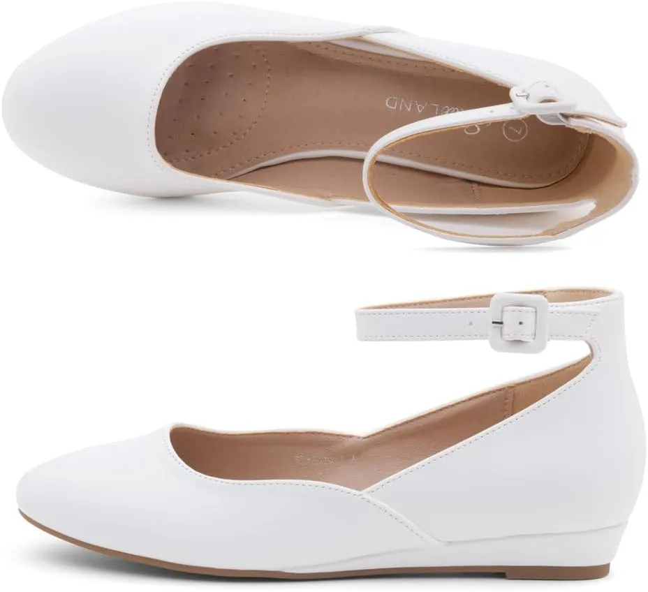 Shoe Land Womens Flats  Dressy & Comfortable Slip-On Shoes with Low Wedge & Ankle Strap | Round Toe Ballet Flats for Work, Office, Party & Business Casual