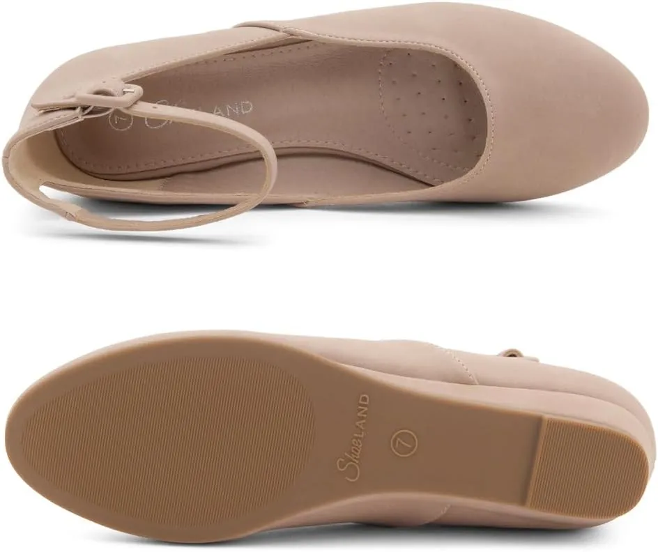 Shoe Land Womens Flats  Dressy & Comfortable Slip-On Shoes with Low Wedge & Ankle Strap | Round Toe Ballet Flats for Work, Office, Party & Business Casual