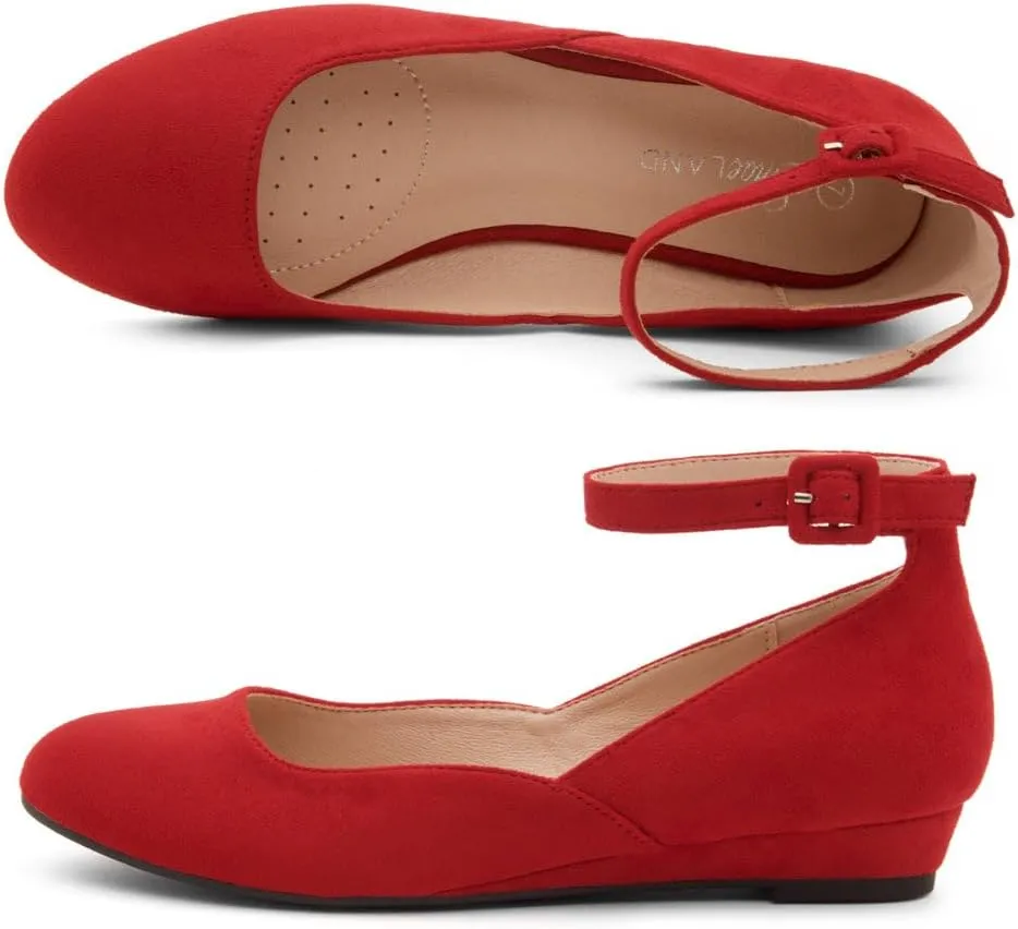 Shoe Land Womens Flats  Dressy & Comfortable Slip-On Shoes with Low Wedge & Ankle Strap | Round Toe Ballet Flats for Work, Office, Party & Business Casual