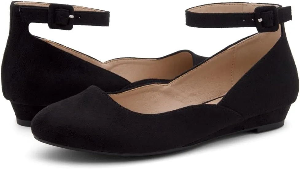 Shoe Land Womens Flats  Dressy & Comfortable Slip-On Shoes with Low Wedge & Ankle Strap | Round Toe Ballet Flats for Work, Office, Party & Business Casual
