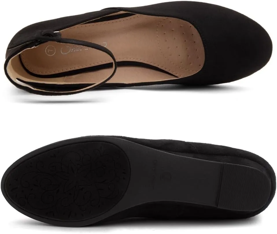 Shoe Land Womens Flats  Dressy & Comfortable Slip-On Shoes with Low Wedge & Ankle Strap | Round Toe Ballet Flats for Work, Office, Party & Business Casual