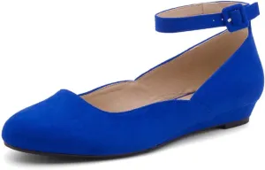 Shoe Land Womens Flats  Dressy & Comfortable Slip-On Shoes with Low Wedge & Ankle Strap | Round Toe Ballet Flats for Work, Office, Party & Business Casual