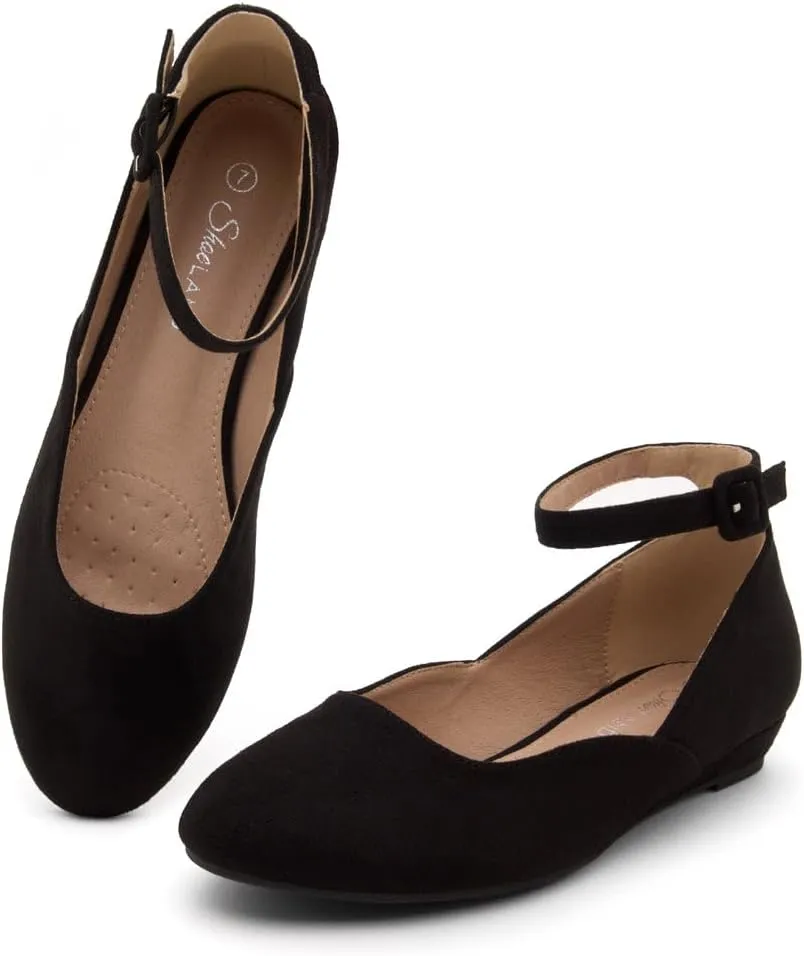 Shoe Land Womens Flats  Dressy & Comfortable Slip-On Shoes with Low Wedge & Ankle Strap | Round Toe Ballet Flats for Work, Office, Party & Business Casual