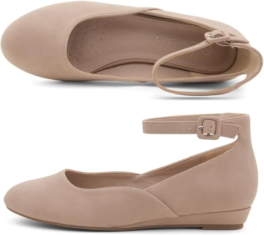 Shoe Land Womens Flats  Dressy & Comfortable Slip-On Shoes with Low Wedge & Ankle Strap | Round Toe Ballet Flats for Work, Office, Party & Business Casual