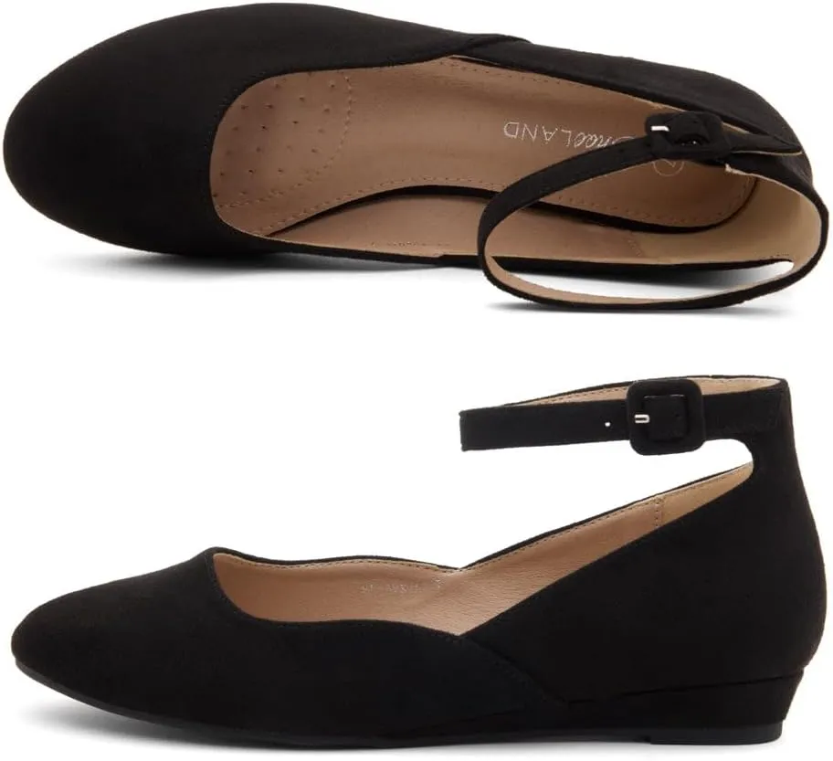Shoe Land Womens Flats  Dressy & Comfortable Slip-On Shoes with Low Wedge & Ankle Strap | Round Toe Ballet Flats for Work, Office, Party & Business Casual