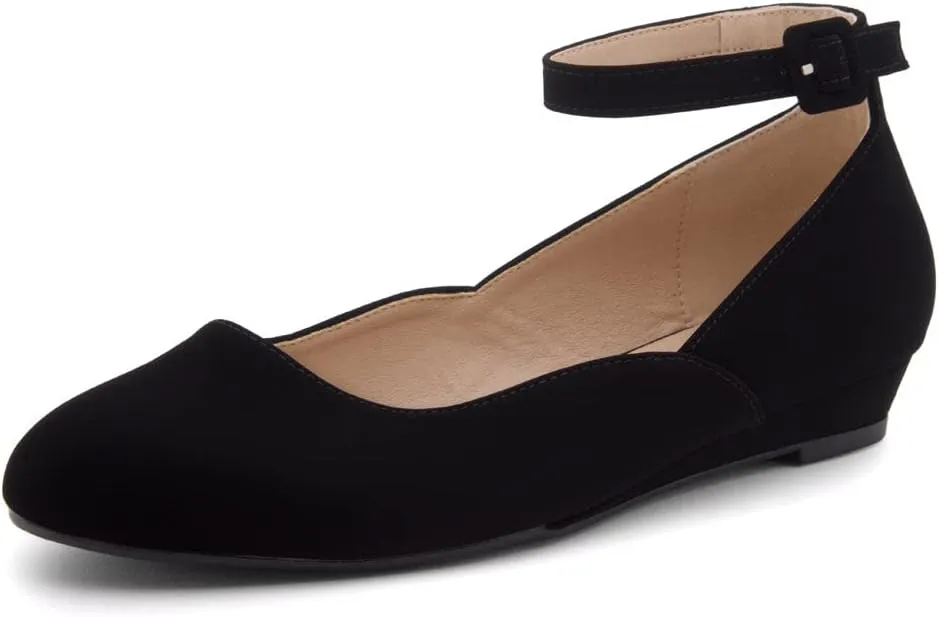 Shoe Land Womens Flats  Dressy & Comfortable Slip-On Shoes with Low Wedge & Ankle Strap | Round Toe Ballet Flats for Work, Office, Party & Business Casual