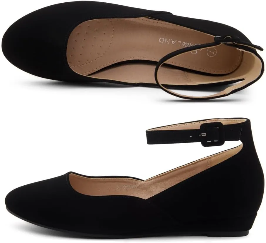 Shoe Land Womens Flats  Dressy & Comfortable Slip-On Shoes with Low Wedge & Ankle Strap | Round Toe Ballet Flats for Work, Office, Party & Business Casual