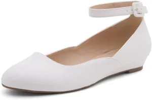 Shoe Land Womens Flats  Dressy & Comfortable Slip-On Shoes with Low Wedge & Ankle Strap | Round Toe Ballet Flats for Work, Office, Party & Business Casual