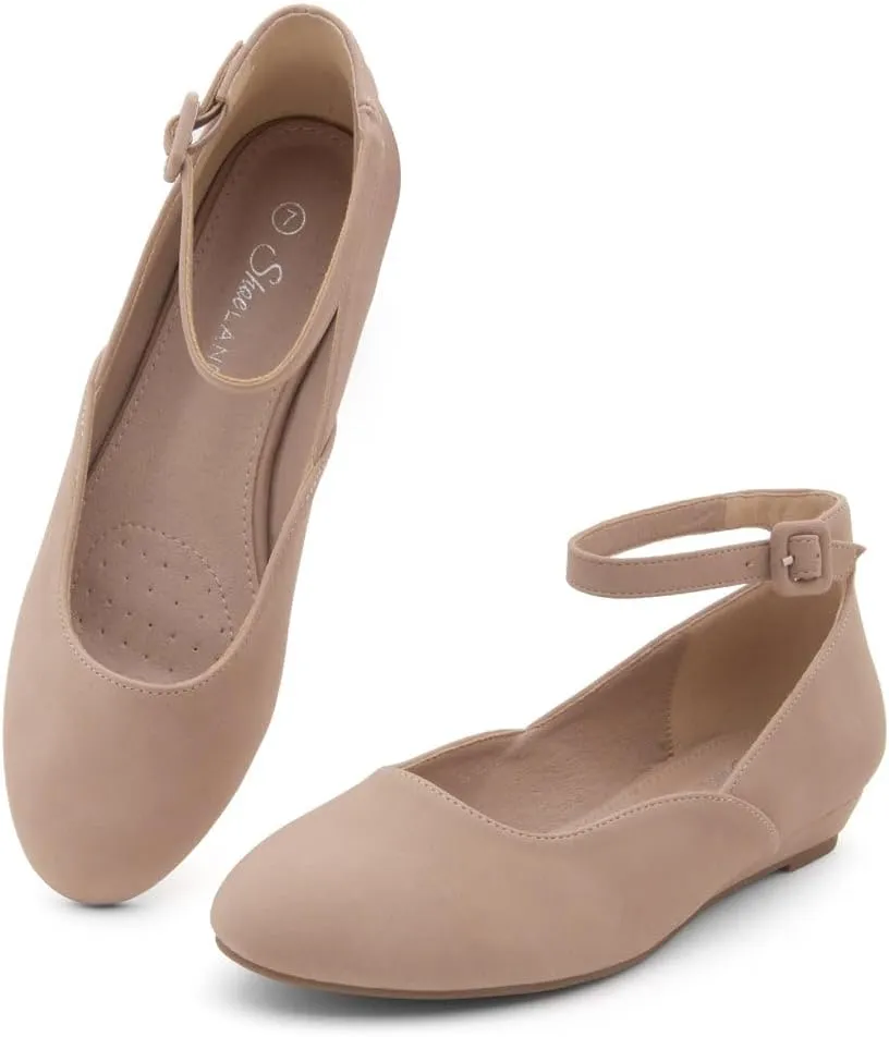 Shoe Land Womens Flats  Dressy & Comfortable Slip-On Shoes with Low Wedge & Ankle Strap | Round Toe Ballet Flats for Work, Office, Party & Business Casual