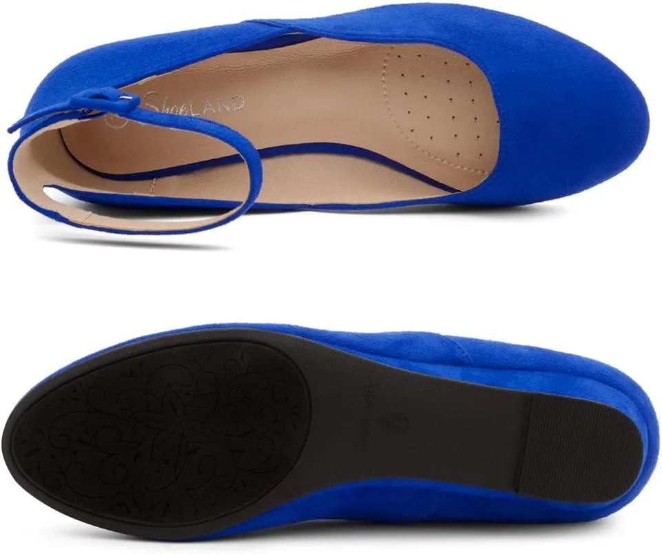 Shoe Land Womens Flats  Dressy & Comfortable Slip-On Shoes with Low Wedge & Ankle Strap | Round Toe Ballet Flats for Work, Office, Party & Business Casual