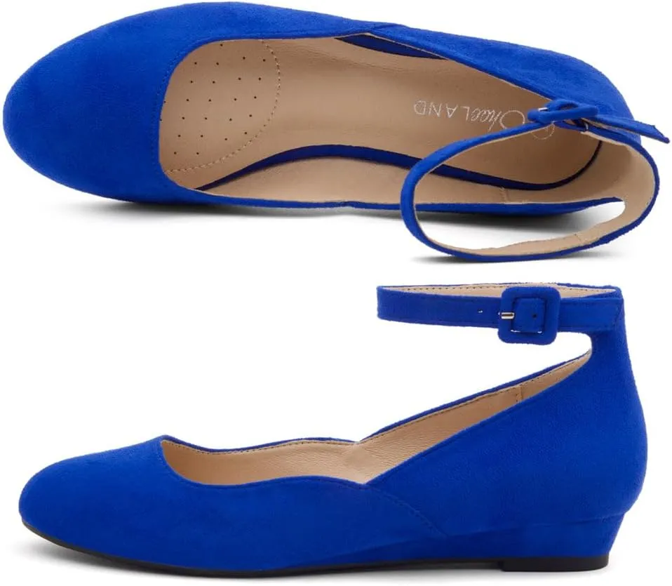 Shoe Land Womens Flats  Dressy & Comfortable Slip-On Shoes with Low Wedge & Ankle Strap | Round Toe Ballet Flats for Work, Office, Party & Business Casual