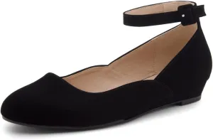 Shoe Land Womens Flats  Dressy & Comfortable Slip-On Shoes with Low Wedge & Ankle Strap | Round Toe Ballet Flats for Work, Office, Party & Business Casual