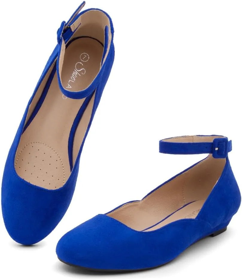 Shoe Land Womens Flats  Dressy & Comfortable Slip-On Shoes with Low Wedge & Ankle Strap | Round Toe Ballet Flats for Work, Office, Party & Business Casual