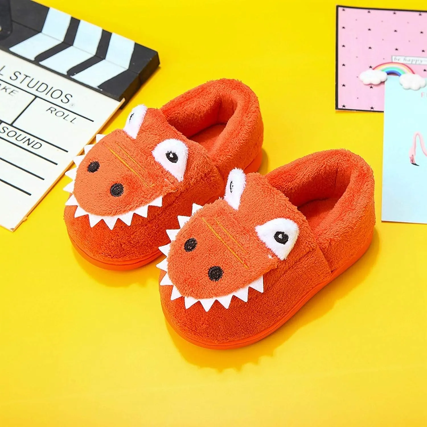 techcity Boys Girls Warm Fleece Slippers Dinosaur House Slippers Cute Animal Fluffy Plush Slip On for Kids Winter Indoor Home Shoes