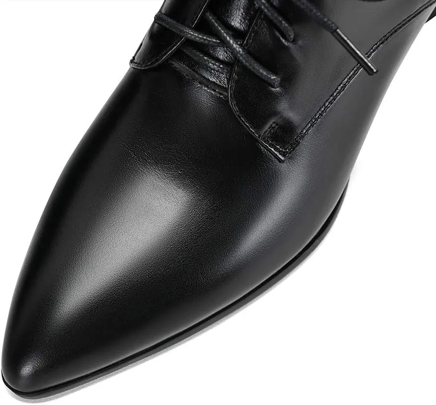 TinaCus Women's Genuine Leather Pointed Toe Handmade Lace-Up Low Chunky Heel Office Shoes
