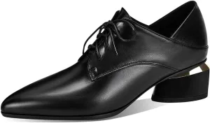 TinaCus Women's Genuine Leather Pointed Toe Handmade Lace-Up Low Chunky Heel Office Shoes