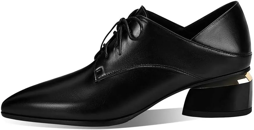 TinaCus Women's Genuine Leather Pointed Toe Handmade Lace-Up Low Chunky Heel Office Shoes