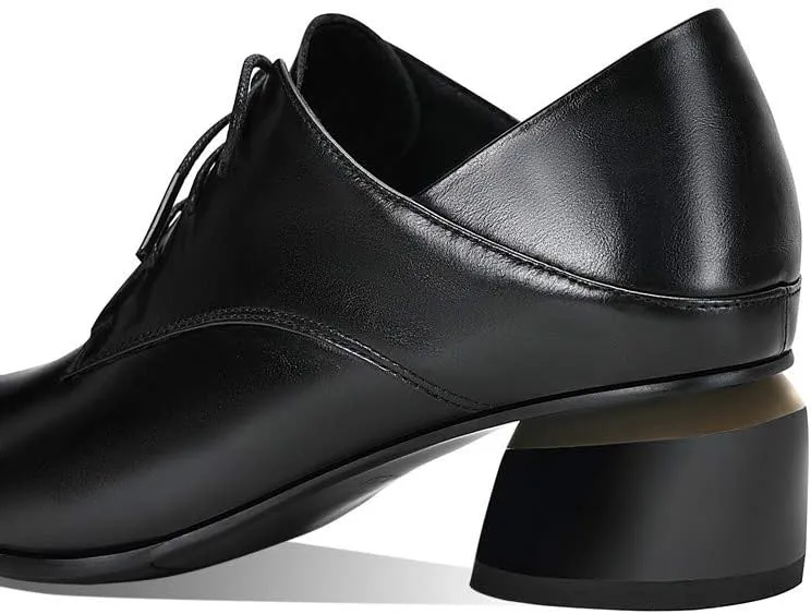 TinaCus Women's Genuine Leather Pointed Toe Handmade Lace-Up Low Chunky Heel Office Shoes