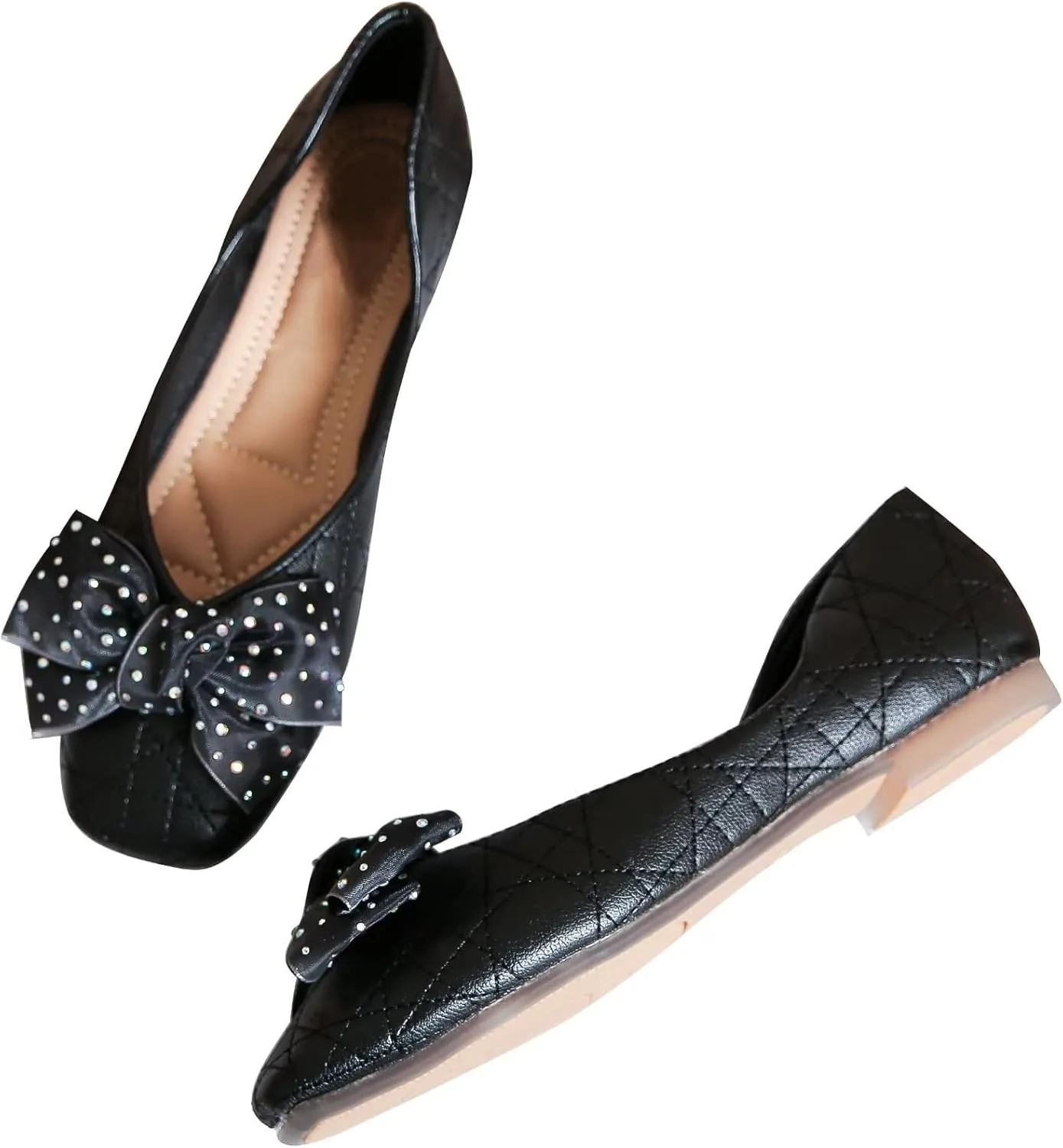 TN TANGNEST Women's Square Toe Flats Classic Bow Slip on Flat Shoes Ballet Shoes Dress Shoes