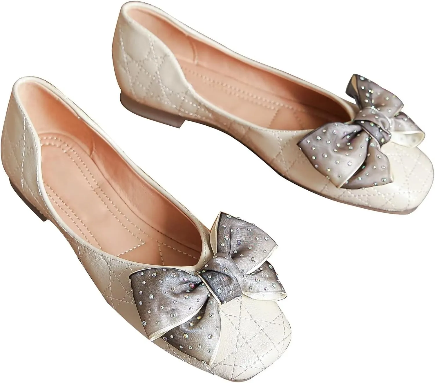 TN TANGNEST Women's Square Toe Flats Classic Bow Slip on Flat Shoes Ballet Shoes Dress Shoes