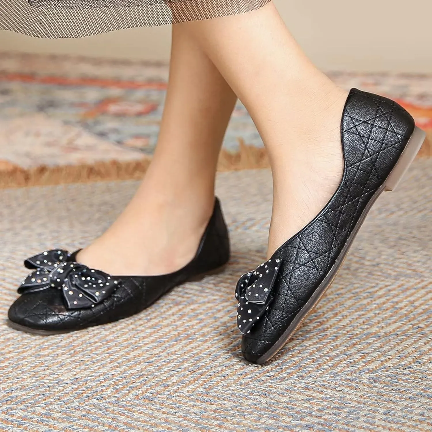 TN TANGNEST Women's Square Toe Flats Classic Bow Slip on Flat Shoes Ballet Shoes Dress Shoes