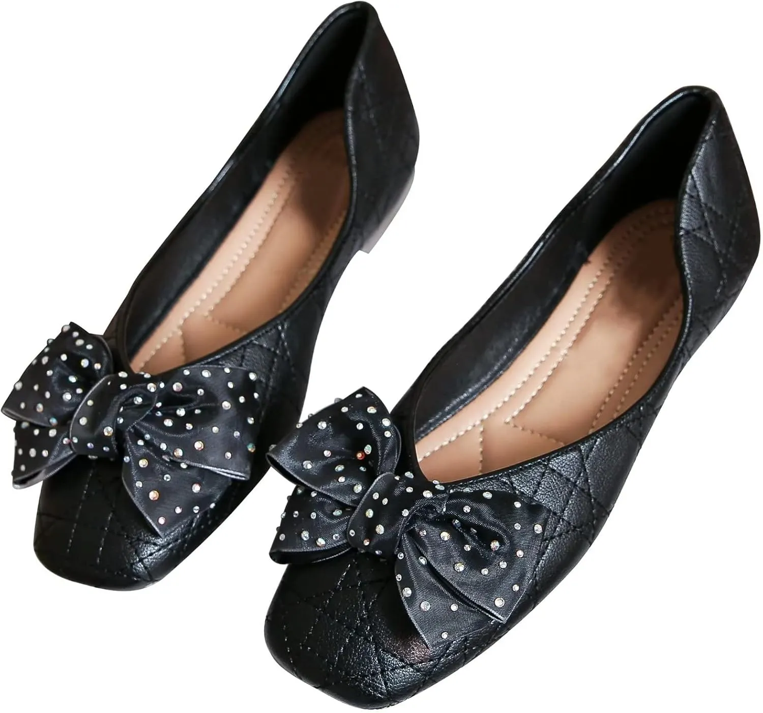 TN TANGNEST Women's Square Toe Flats Classic Bow Slip on Flat Shoes Ballet Shoes Dress Shoes