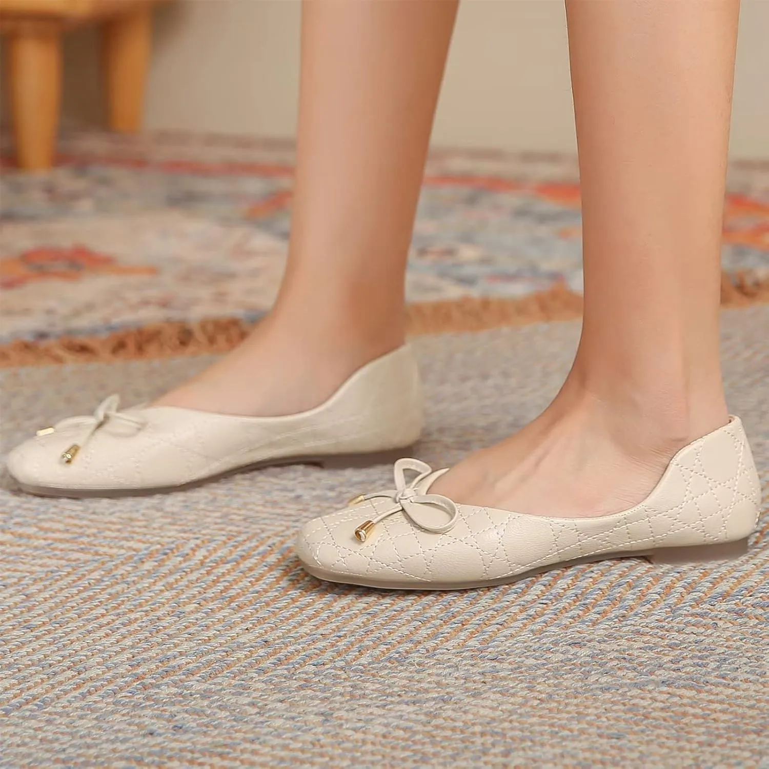 TN TANGNEST Women's Square Toe Flats Classic Bow Slip on Flat Shoes Ballet Shoes Dress Shoes