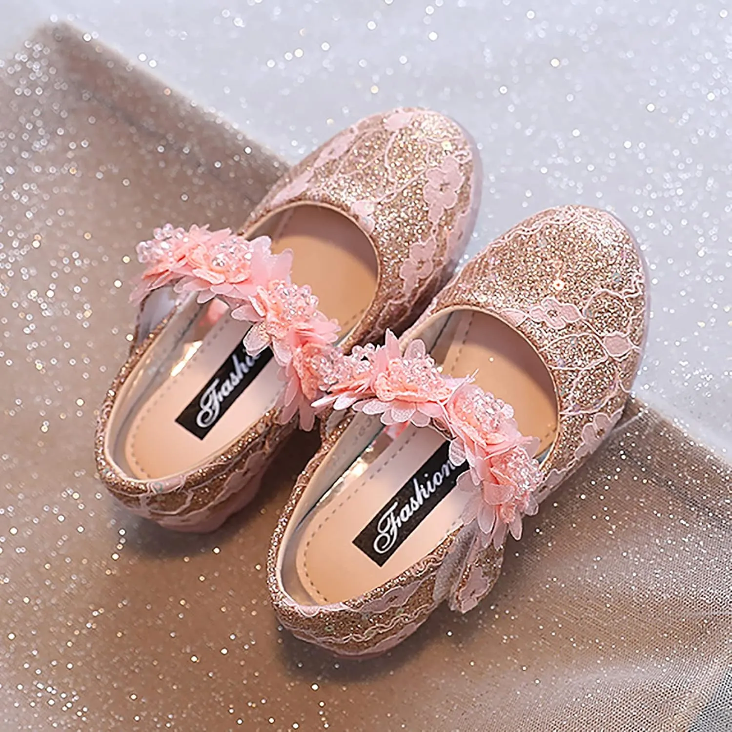Toddler Girls Dress Shoes Glitter Shoe Flower Mary Jane Low Heels Party Wedding Prom Footwear for Kids