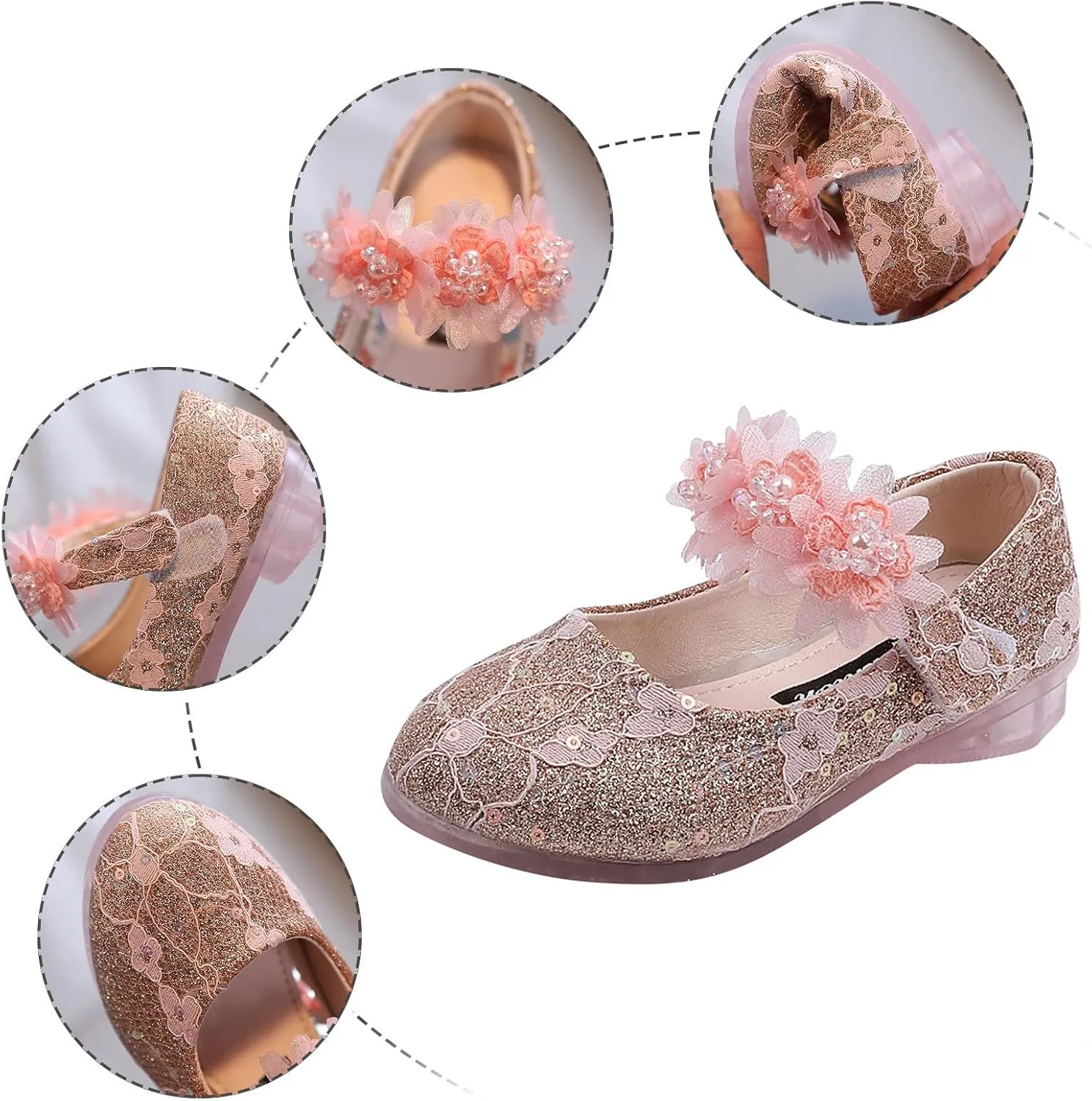 Toddler Girls Dress Shoes Glitter Shoe Flower Mary Jane Low Heels Party Wedding Prom Footwear for Kids