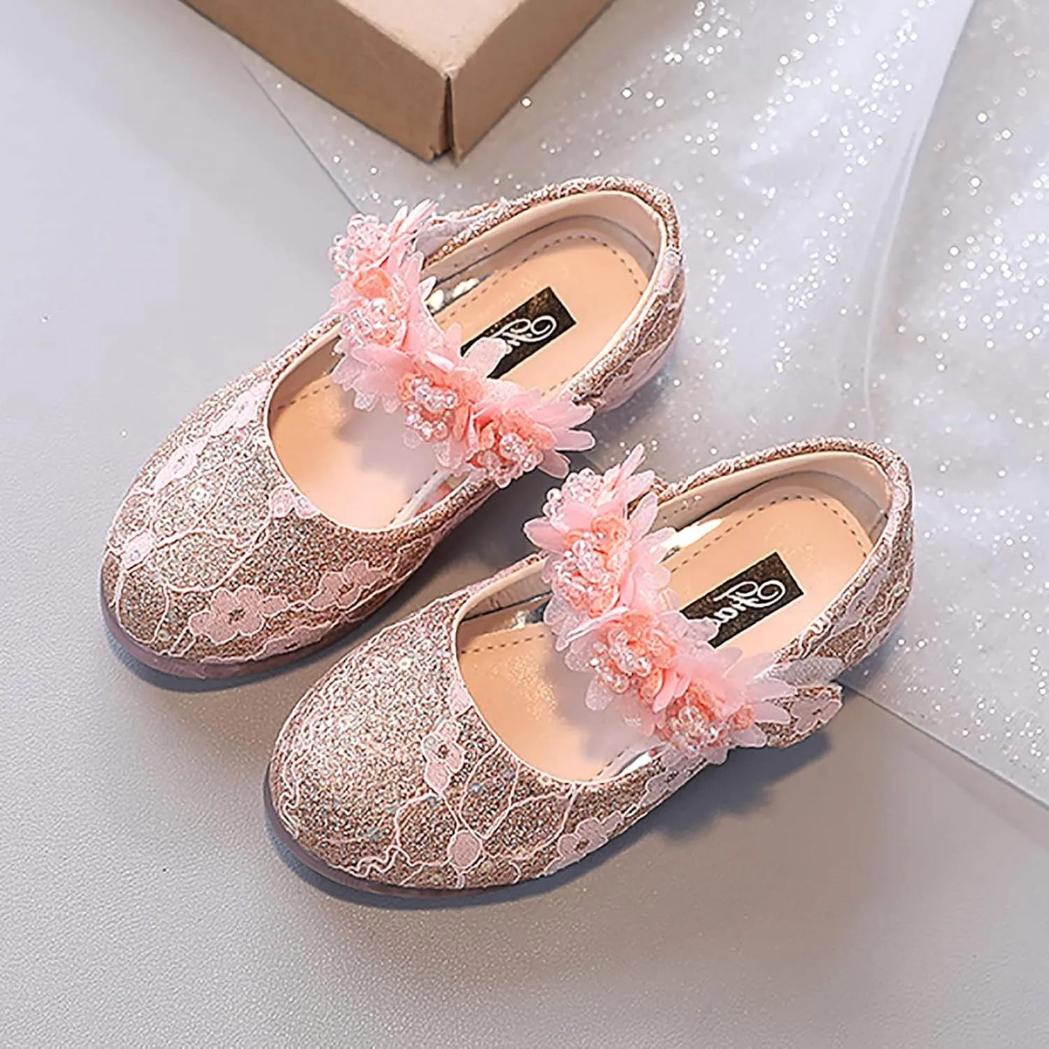 Toddler Girls Dress Shoes Glitter Shoe Flower Mary Jane Low Heels Party Wedding Prom Footwear for Kids