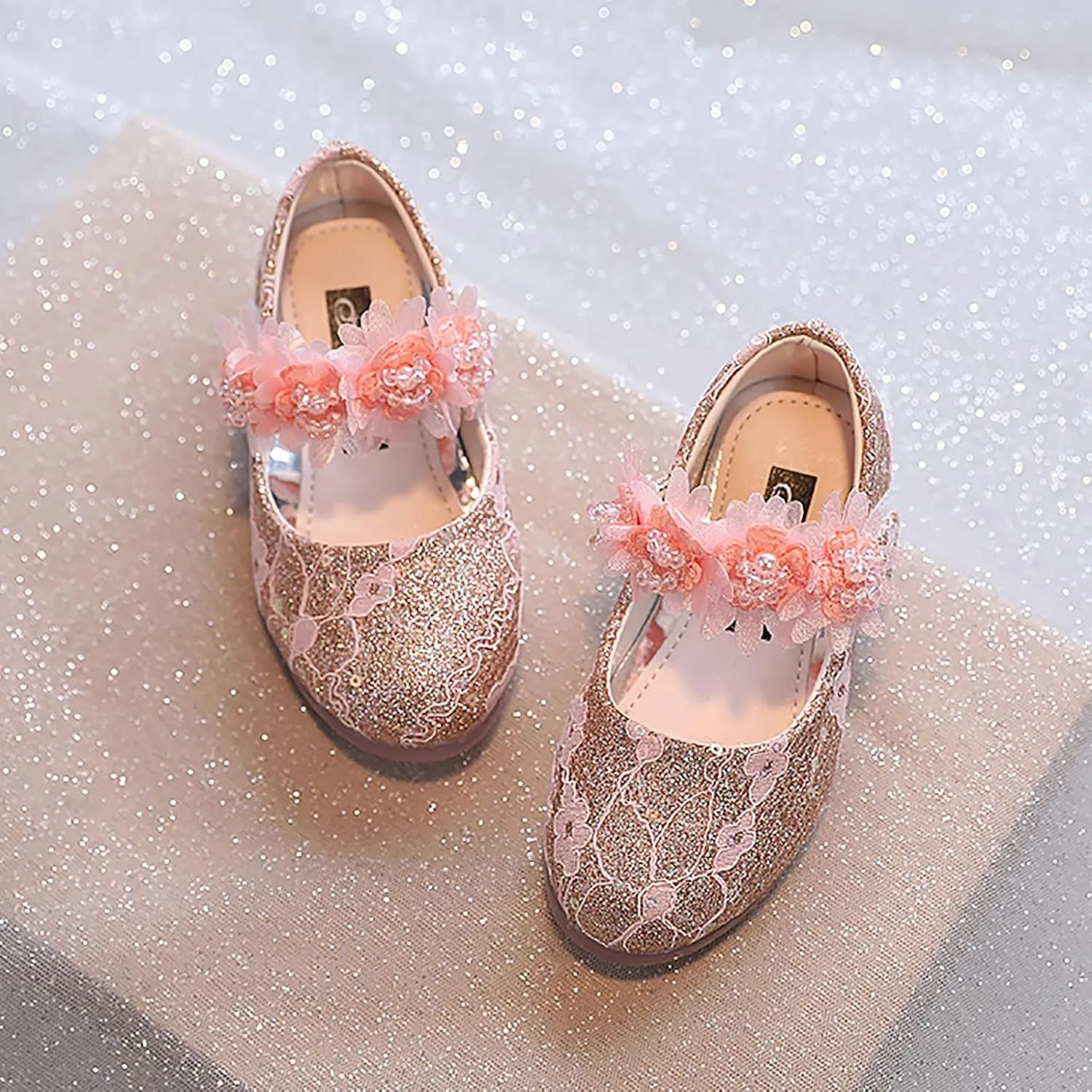 Toddler Girls Dress Shoes Glitter Shoe Flower Mary Jane Low Heels Party Wedding Prom Footwear for Kids