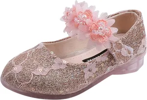 Toddler Girls Dress Shoes Glitter Shoe Flower Mary Jane Low Heels Party Wedding Prom Footwear for Kids