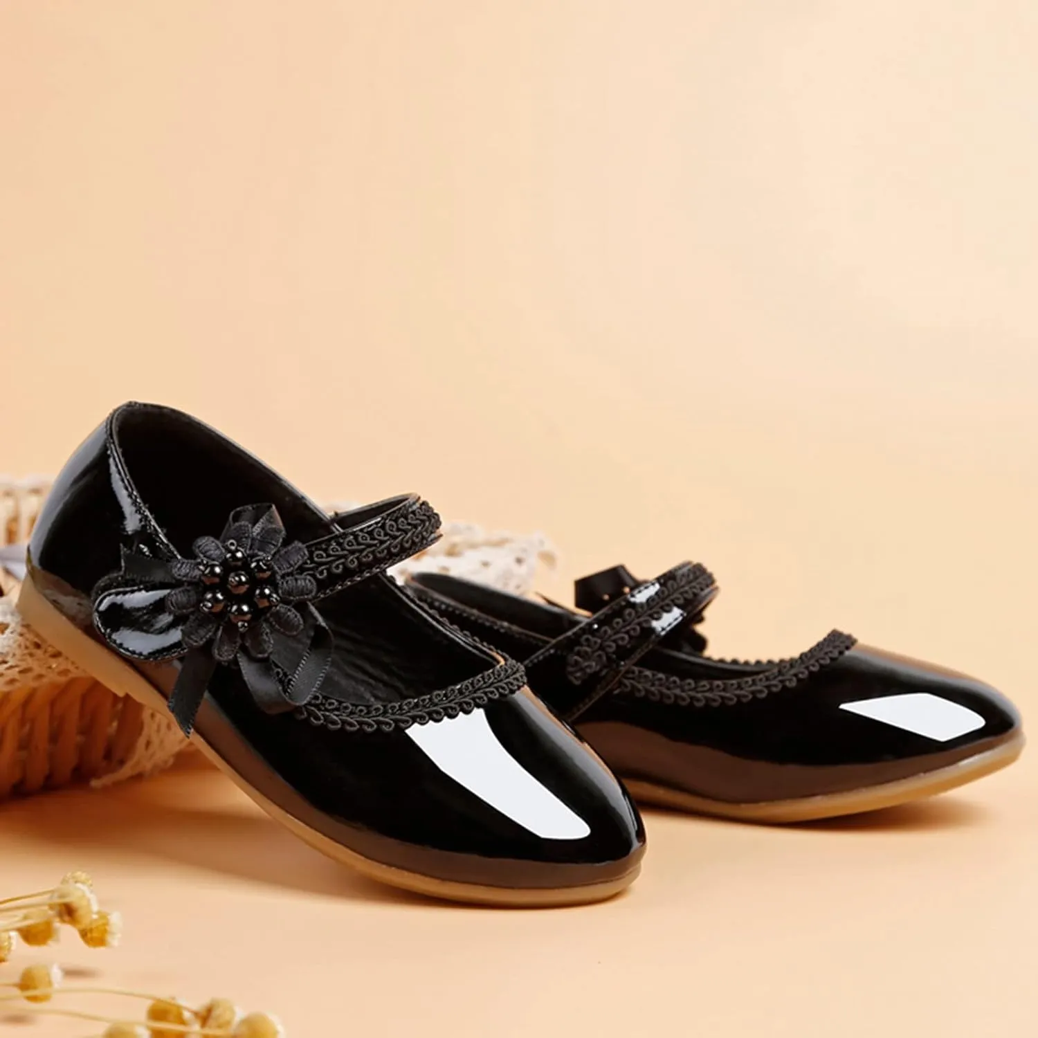 Toddler Girls Dress Shoes Mary Jane Ballet Flats Flower Girl School Party Wedding Shoes with Flower
