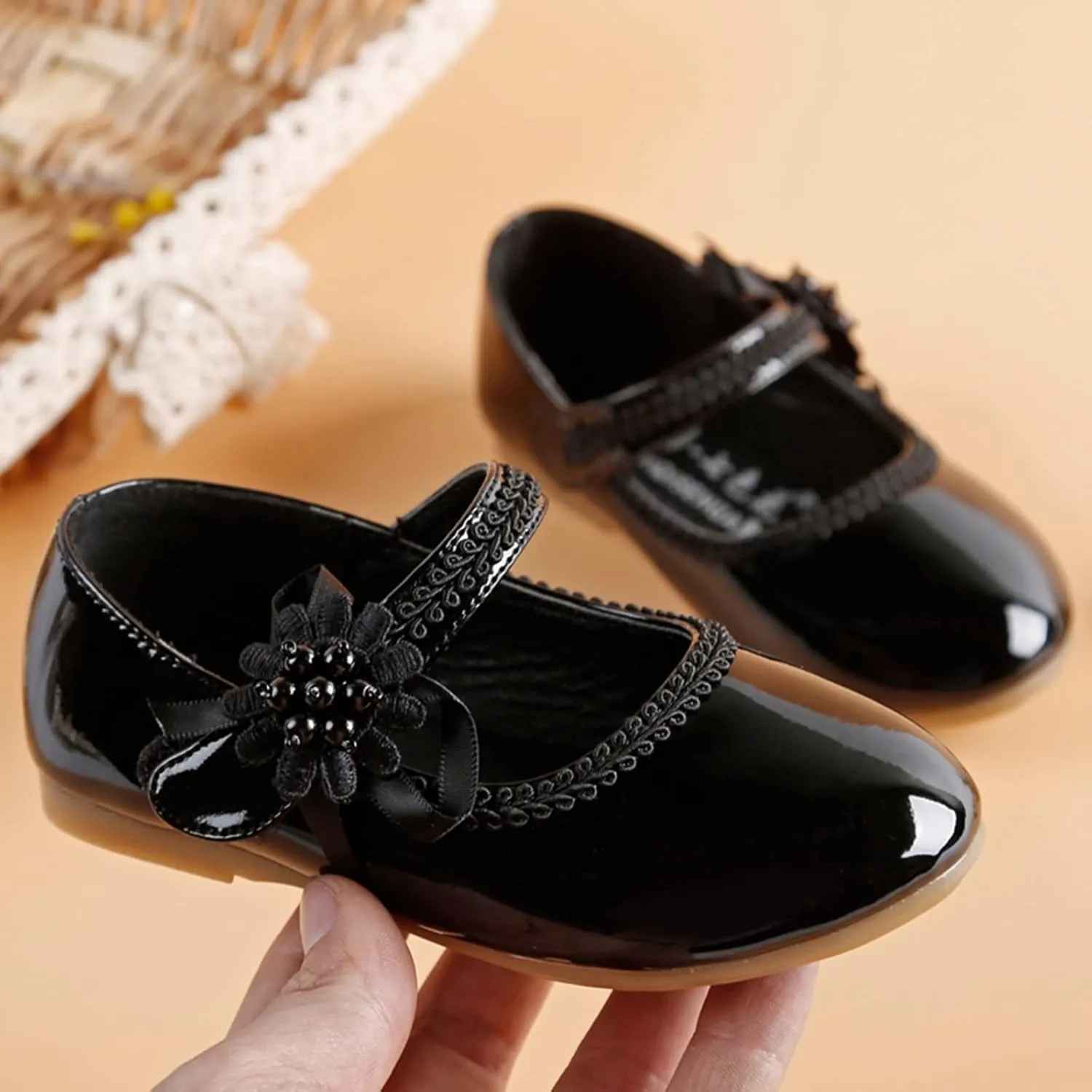 Toddler Girls Dress Shoes Mary Jane Ballet Flats Flower Girl School Party Wedding Shoes with Flower