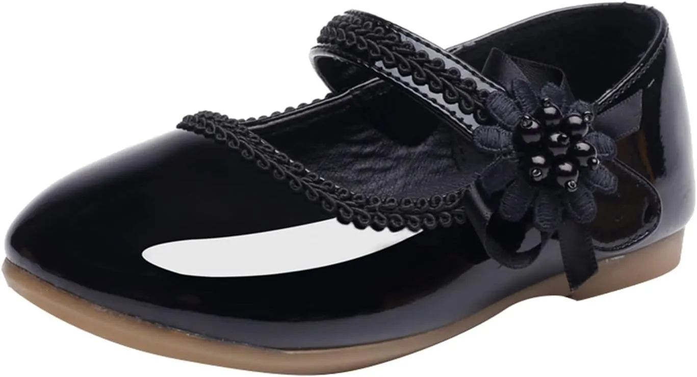 Toddler Girls Dress Shoes Mary Jane Ballet Flats Flower Girl School Party Wedding Shoes with Flower