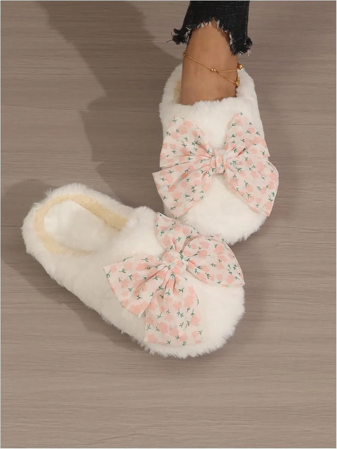 Verdusa Women's Bow Knot Fuzzy House Slippers Outdoor Warm Slip on Slipper