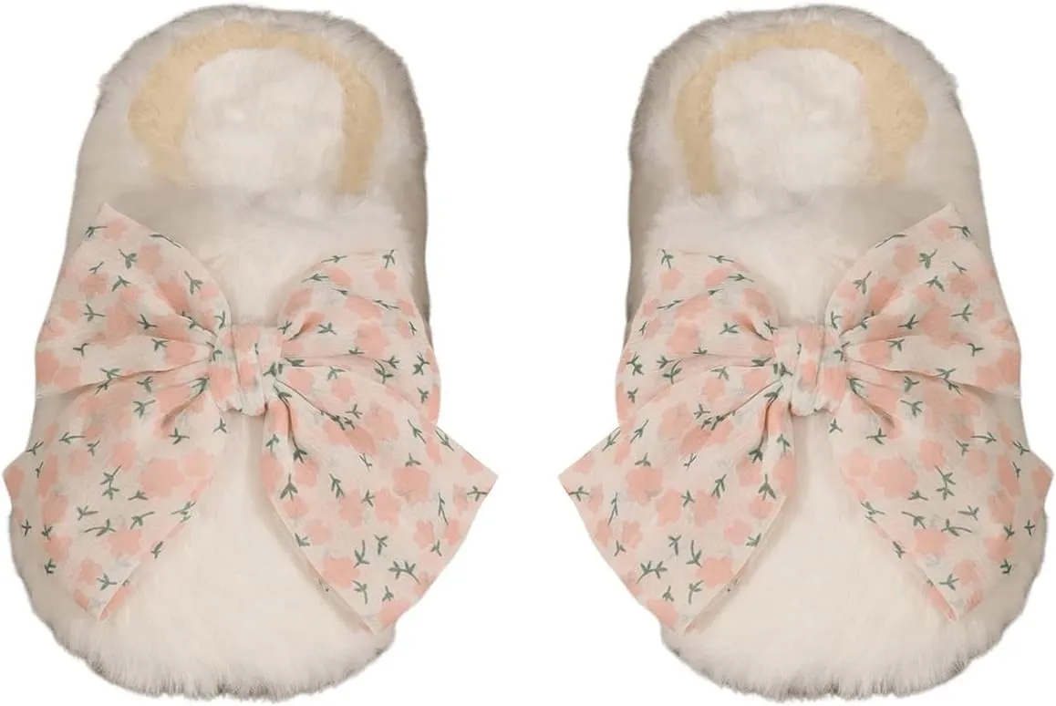 Verdusa Women's Bow Knot Fuzzy House Slippers Outdoor Warm Slip on Slipper