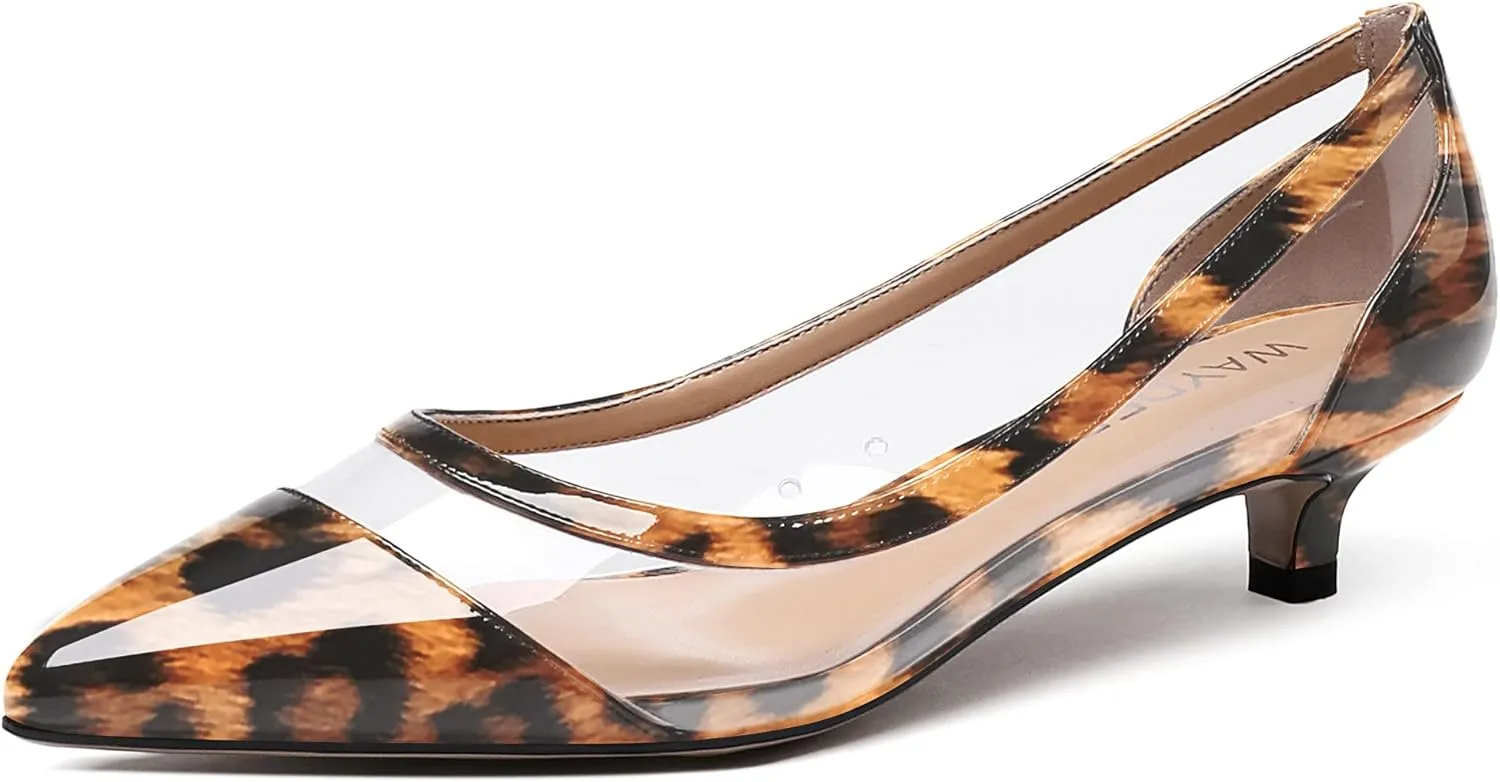 WAYDERNS Women's Pointed Toe Clear Transparent Slip On Patent Kitten Low Heel Pumps Shoes 1.5 Inch