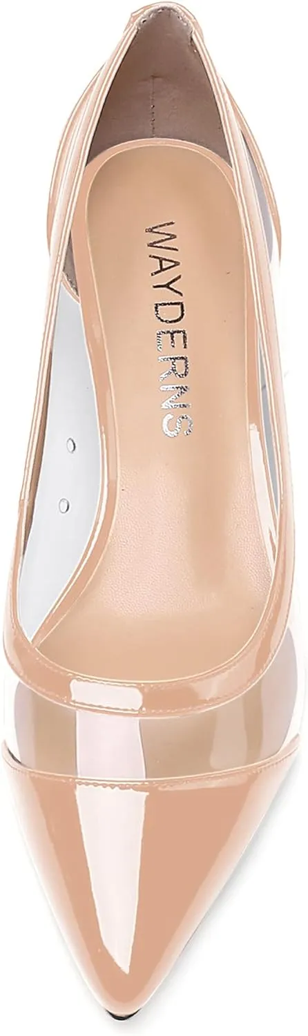 WAYDERNS Women's Pointed Toe Clear Transparent Slip On Patent Kitten Low Heel Pumps Shoes 1.5 Inch