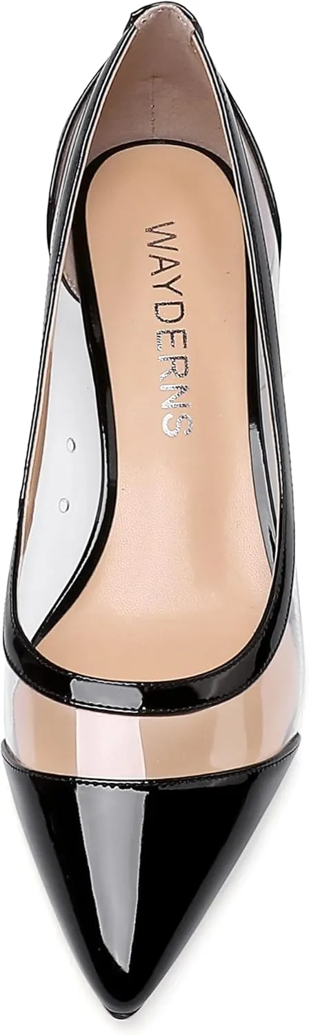 WAYDERNS Women's Pointed Toe Clear Transparent Slip On Patent Kitten Low Heel Pumps Shoes 1.5 Inch