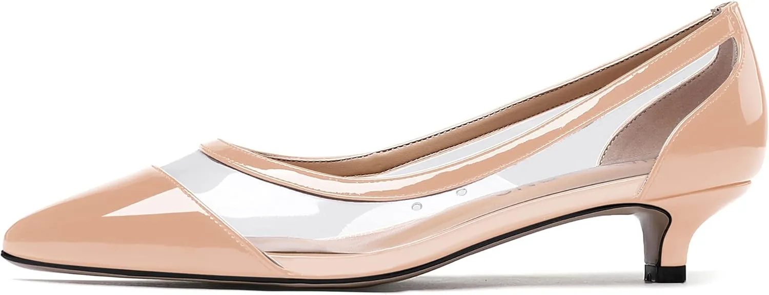 WAYDERNS Women's Pointed Toe Clear Transparent Slip On Patent Kitten Low Heel Pumps Shoes 1.5 Inch