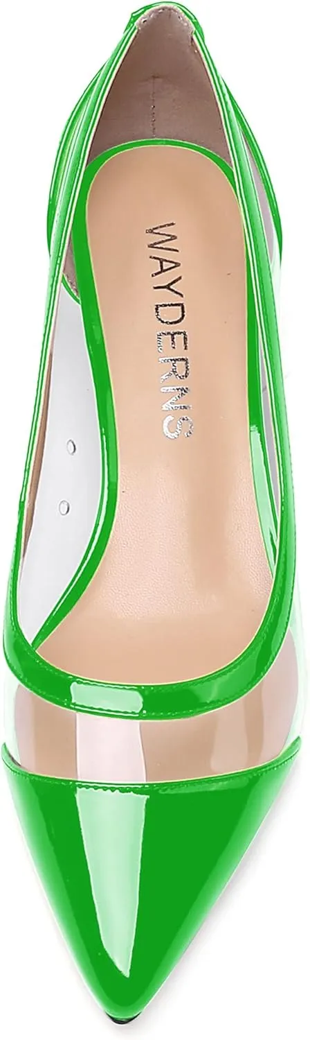 WAYDERNS Women's Pointed Toe Clear Transparent Slip On Patent Kitten Low Heel Pumps Shoes 1.5 Inch