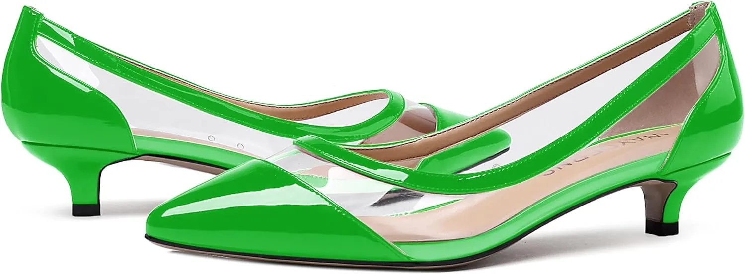 WAYDERNS Women's Pointed Toe Clear Transparent Slip On Patent Kitten Low Heel Pumps Shoes 1.5 Inch