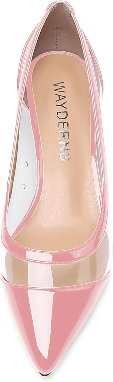 WAYDERNS Women's Pointed Toe Clear Transparent Slip On Patent Kitten Low Heel Pumps Shoes 1.5 Inch