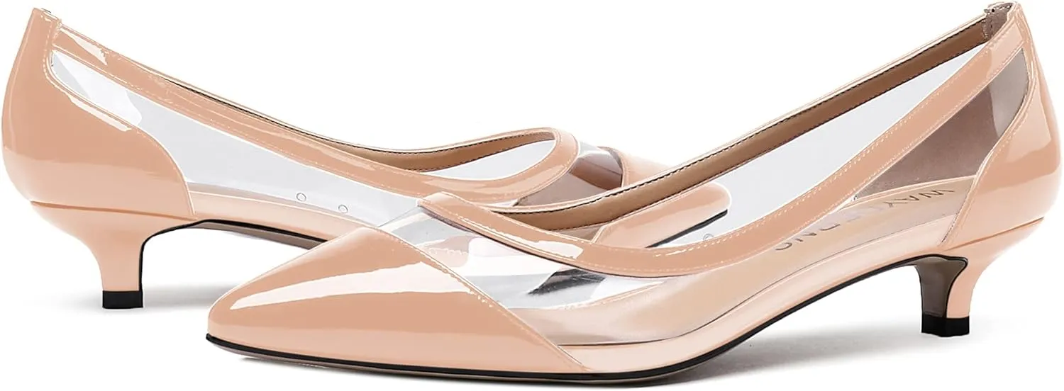 WAYDERNS Women's Pointed Toe Clear Transparent Slip On Patent Kitten Low Heel Pumps Shoes 1.5 Inch