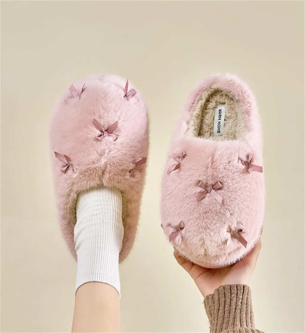 Women's Cute Plush Home Butterfly Knot Cotton Comfortable Thick Bottom Outdoor Winter Indoor Soft Warm Slippers