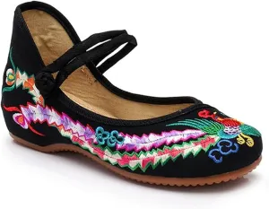 Women's Floral Embroidered Vintange Flat Shoes Casual Walking Sandals Low Wedge Strap Flats Dress Wedding Dance Shoes
